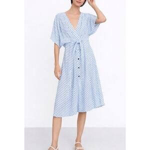 Zara Baby Blue Polka Dot Button Front Midi Dress